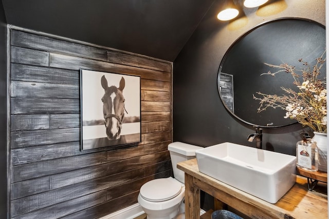 bathroom with vanity, lofted ceiling, and toilet