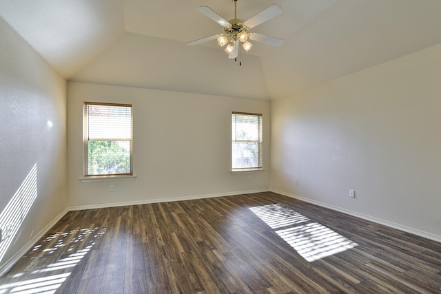 unfurnished room with ceiling fan, dark hardwood / wood-style floors, and vaulted ceiling