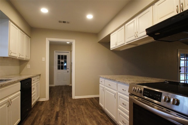 kitchen featuring decorative backsplash, light stone counters, stainless steel range, ventilation hood, and white cabinetry