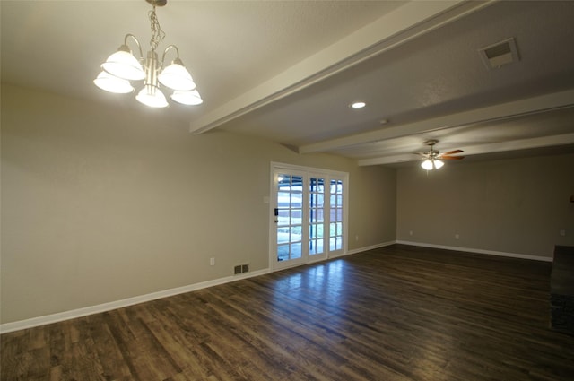 spare room featuring beam ceiling, ceiling fan with notable chandelier, and dark hardwood / wood-style floors