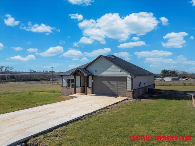 view of front facade featuring a front lawn, central AC unit, and a garage