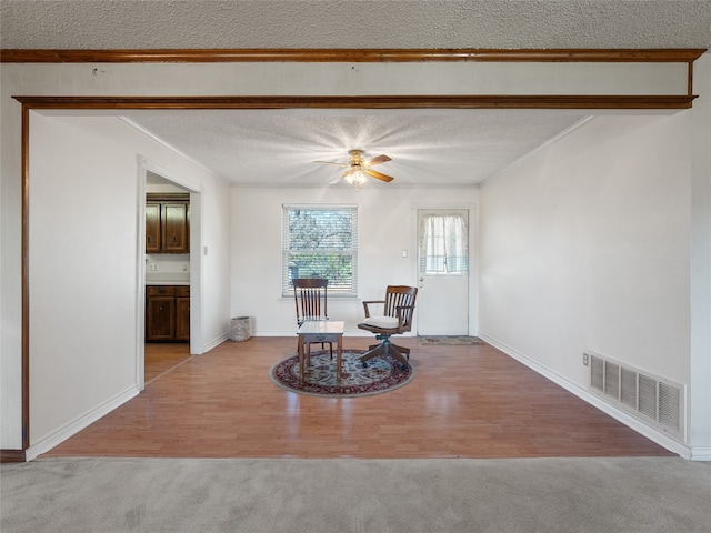 living area featuring ceiling fan, light colored carpet, and a textured ceiling