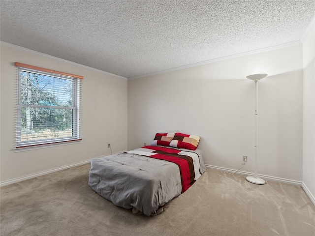 carpeted bedroom featuring a textured ceiling and ornamental molding