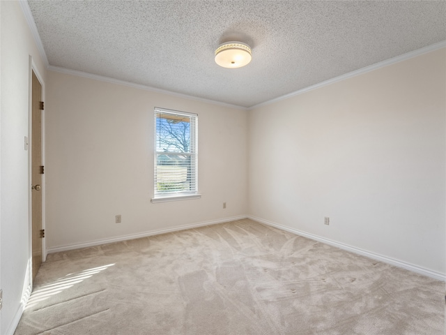 unfurnished room with light carpet, a textured ceiling, and ornamental molding