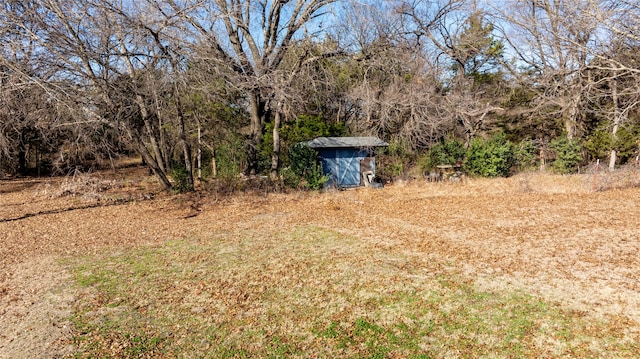 view of yard featuring a storage unit