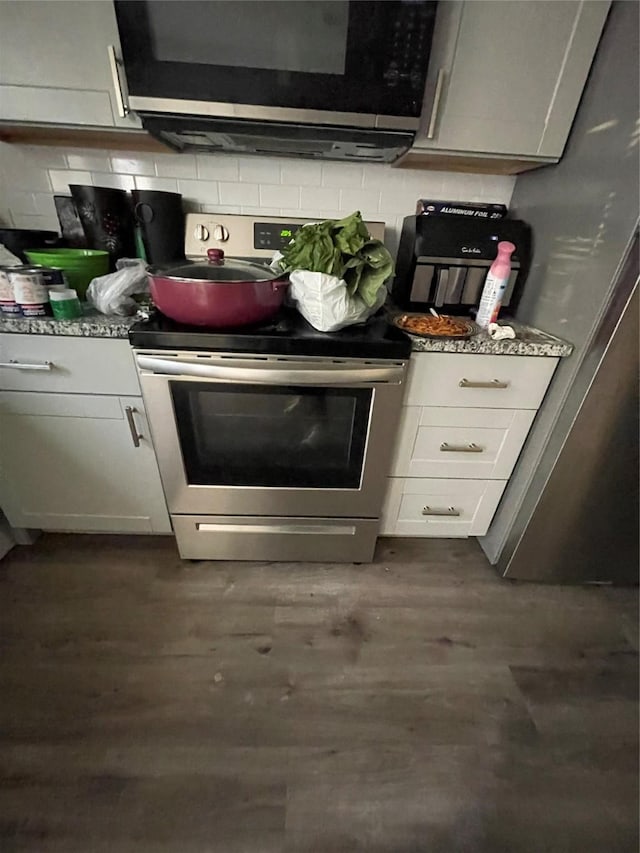 kitchen with dark hardwood / wood-style flooring, stainless steel appliances, and stone countertops