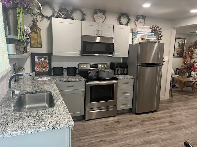 kitchen featuring backsplash, sink, light stone countertops, light hardwood / wood-style floors, and stainless steel appliances