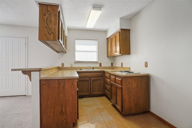 kitchen featuring kitchen peninsula, a textured ceiling, and sink