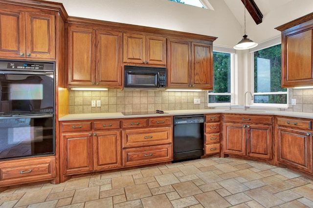 kitchen with tasteful backsplash, beamed ceiling, and black appliances