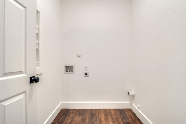 clothes washing area with hookup for an electric dryer, hookup for a gas dryer, dark hardwood / wood-style floors, and washer hookup