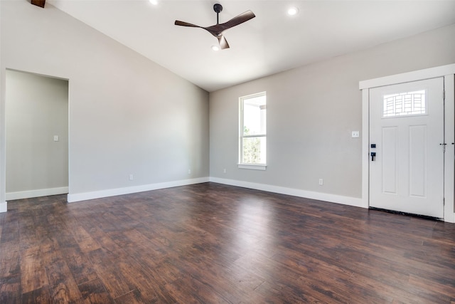 entryway featuring ceiling fan, dark hardwood / wood-style flooring, and lofted ceiling