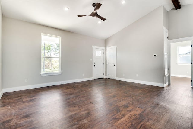 unfurnished room with beam ceiling, ceiling fan, high vaulted ceiling, and dark hardwood / wood-style floors