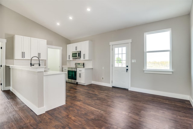 kitchen with sink, stainless steel appliances, dark hardwood / wood-style flooring, kitchen peninsula, and white cabinets