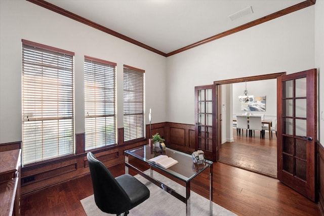 office area featuring a wealth of natural light, dark hardwood / wood-style flooring, french doors, and crown molding