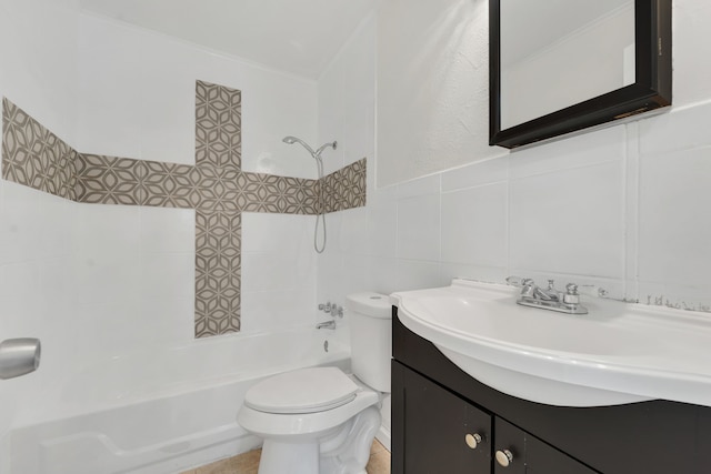 full bathroom with vanity, shower / bathtub combination, toilet, and tile walls