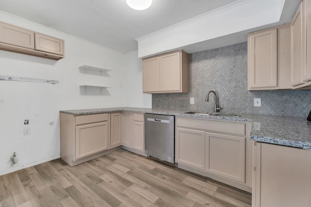 kitchen featuring dishwasher, light wood-type flooring, decorative backsplash, and sink