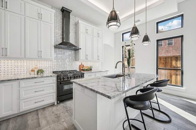 kitchen with white cabinetry, sink, wall chimney exhaust hood, an island with sink, and high end stainless steel range