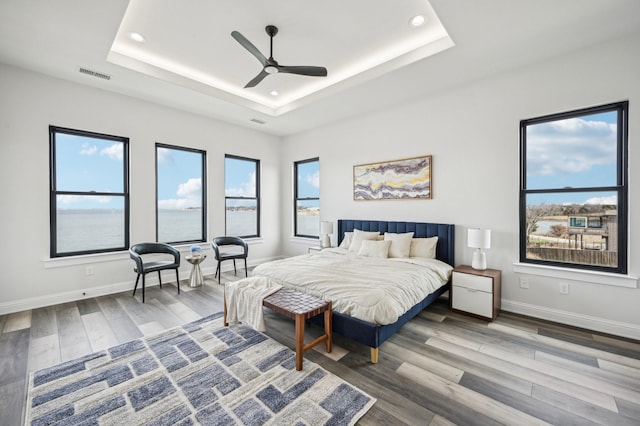 bedroom with ceiling fan, a raised ceiling, and wood-type flooring