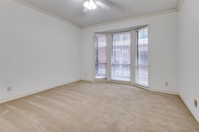 carpeted spare room with ceiling fan and crown molding