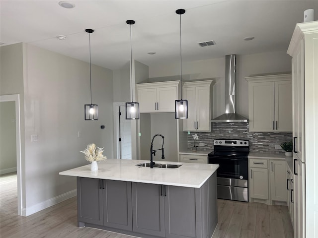 kitchen featuring a center island with sink, wall chimney exhaust hood, electric stove, and sink