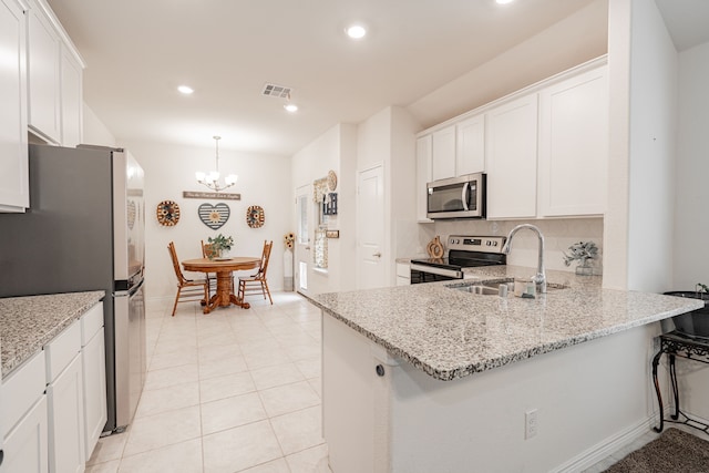 kitchen featuring a peninsula, a sink, visible vents, white cabinets, and appliances with stainless steel finishes