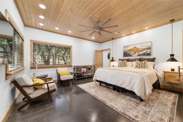 bedroom with ceiling fan and wooden ceiling