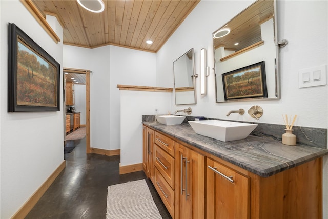 bathroom featuring vanity, wooden ceiling, and crown molding