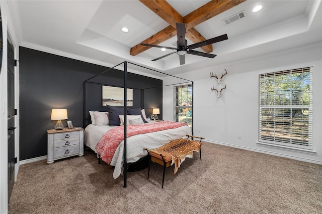 bedroom featuring carpet flooring, beamed ceiling, ceiling fan, and coffered ceiling