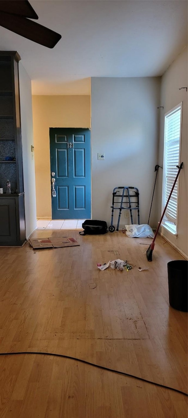 foyer entrance with ceiling fan and hardwood / wood-style flooring