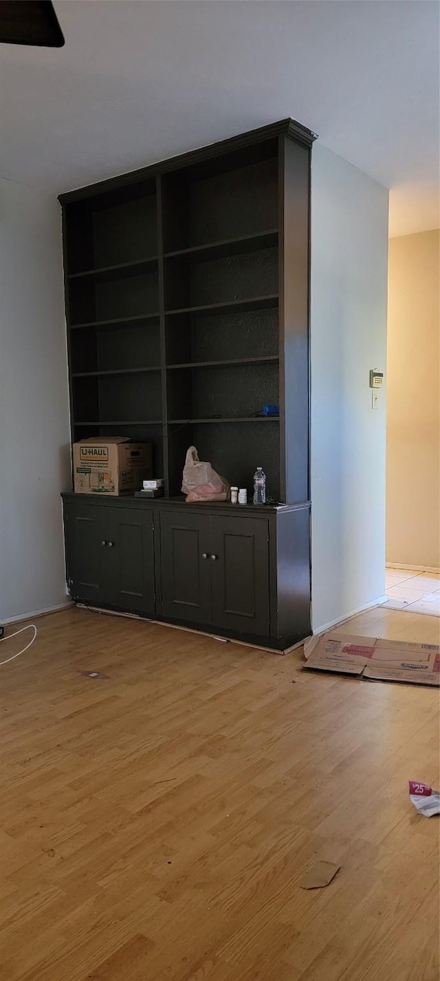 interior space featuring built in shelves and light hardwood / wood-style flooring