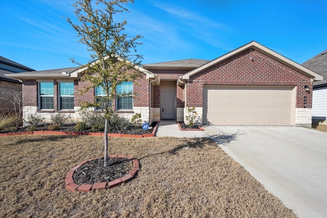 single story home with a garage and a front yard