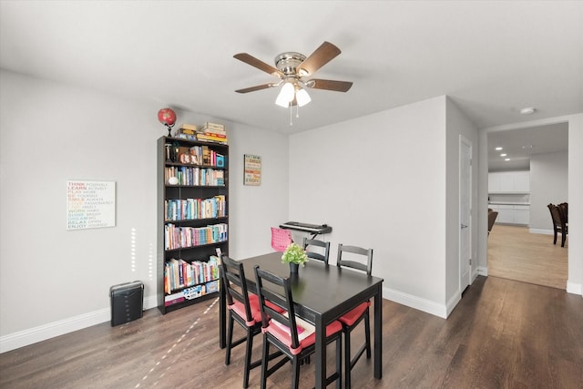 dining room featuring ceiling fan and dark wood-type flooring