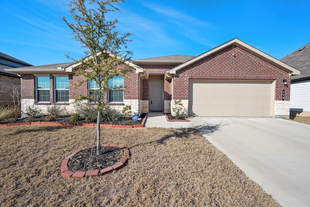 ranch-style home featuring a front yard and a garage