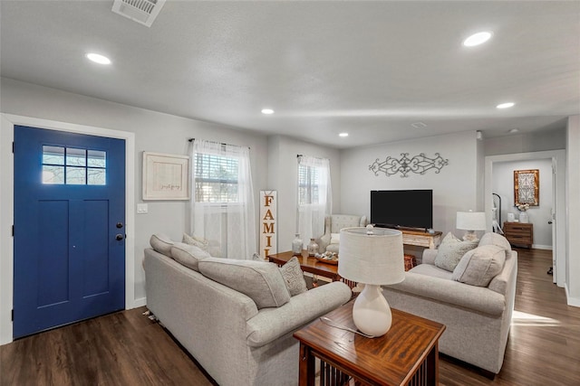 living room with dark wood-type flooring