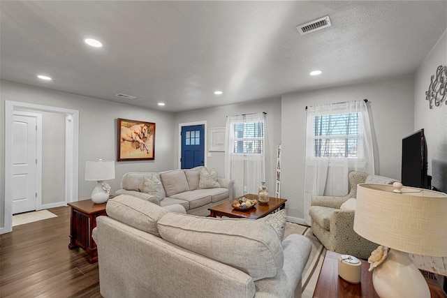 living room with dark hardwood / wood-style flooring