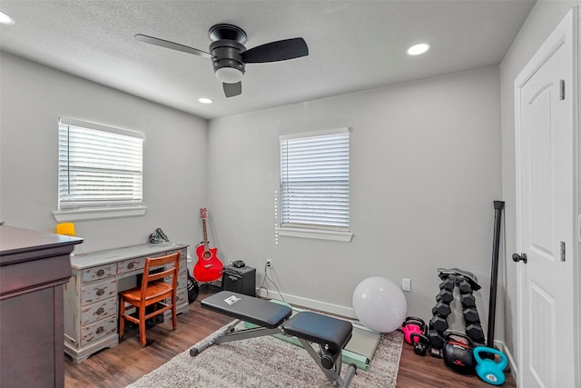 exercise room featuring ceiling fan and dark hardwood / wood-style flooring