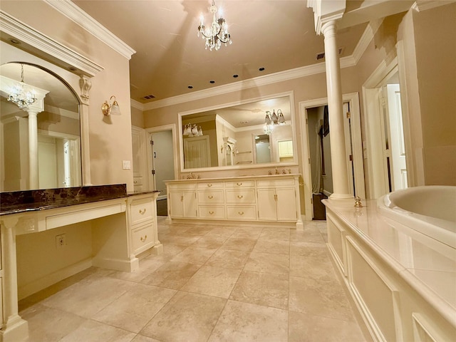 bathroom featuring vanity, ornamental molding, and ornate columns