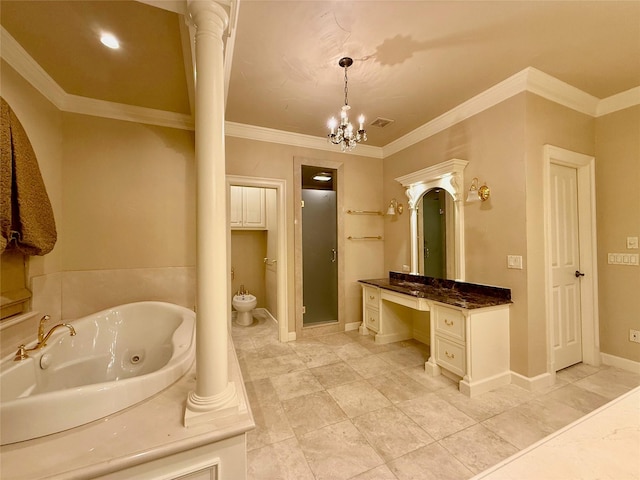 bathroom with an inviting chandelier, separate shower and tub, a bidet, crown molding, and vanity