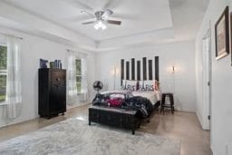 bedroom featuring ceiling fan, a raised ceiling, and multiple windows