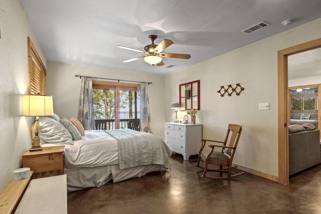 bedroom with ceiling fan and access to exterior