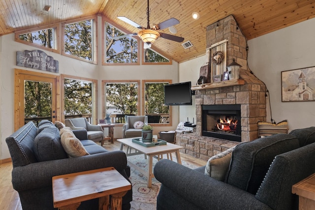 living room with high vaulted ceiling, a stone fireplace, hardwood / wood-style flooring, ceiling fan, and wood ceiling