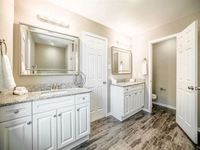 bathroom with wood-type flooring, vanity, and toilet