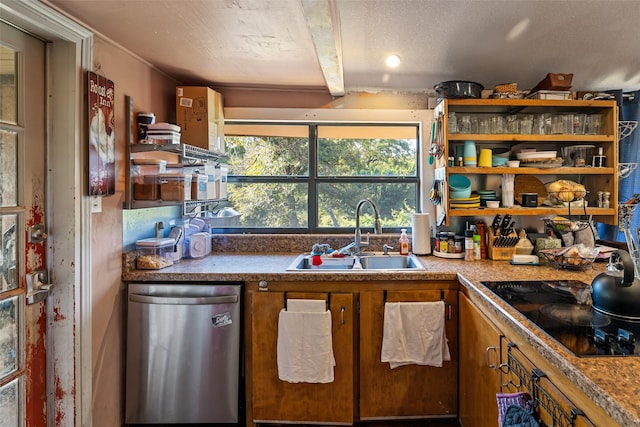 kitchen featuring dishwasher, black electric cooktop, beamed ceiling, and sink