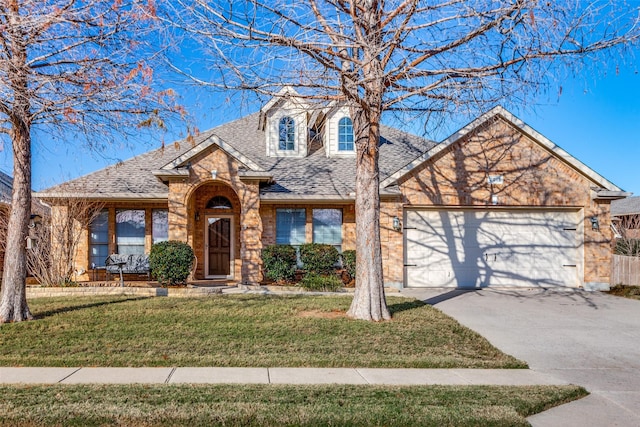 view of front of home with a front lawn and a garage