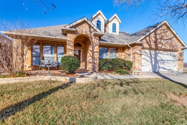 view of front of home featuring a front yard and a garage