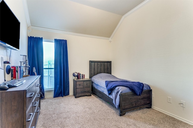 bedroom with light colored carpet, crown molding, and vaulted ceiling