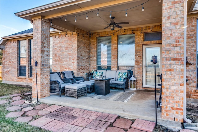 view of patio featuring ceiling fan and an outdoor hangout area