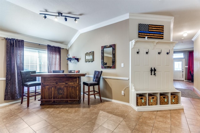 bar with a healthy amount of sunlight, ornamental molding, light tile patterned floors, and vaulted ceiling