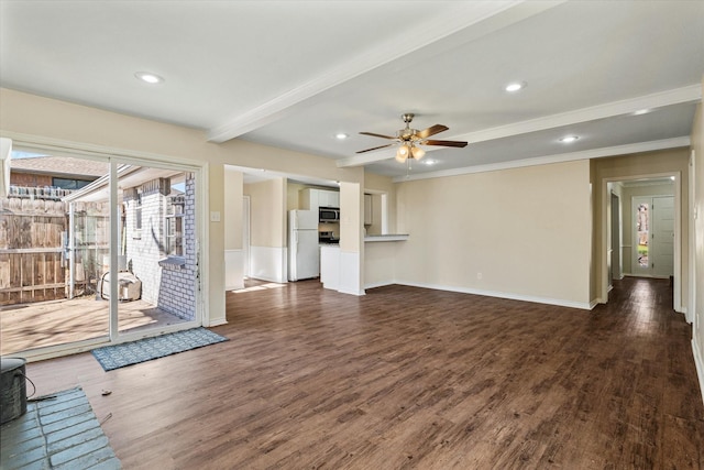 unfurnished living room with beam ceiling, dark hardwood / wood-style flooring, and ceiling fan