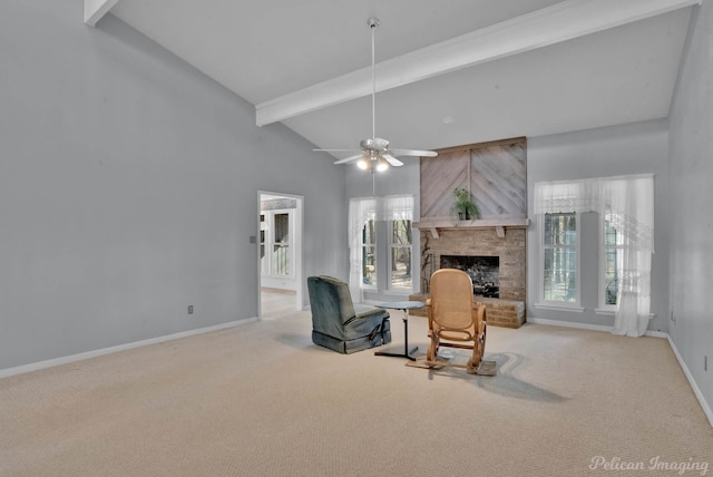 living room with a fireplace, light carpet, ceiling fan, high vaulted ceiling, and beam ceiling